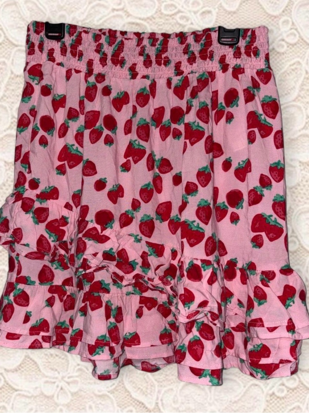 Betsey Johnson Pink Strawberry Print Ruffle A-Line Skirt